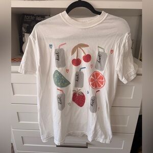 White Graphic T-Shirt with Fruit and Drink Design